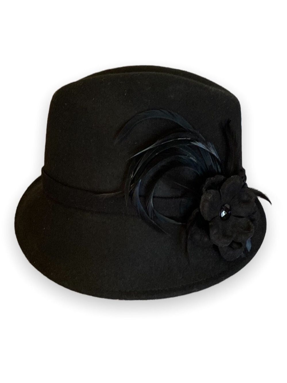 Wool Felt Hat Feather Accent Black